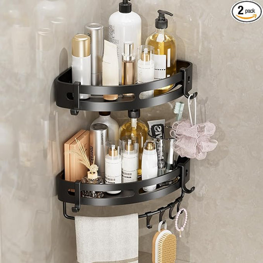 Adhesive Shower Corner Caddy，2-Pack Heavy Duty Shower Corner Shelves Rack with 8 Hooks and 1 Towel Bar，Rustproof Bathroom Organizer No Drilling Wall Mounted