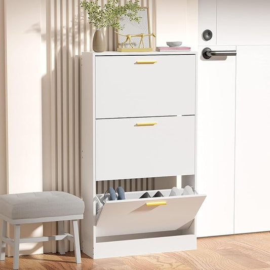 JOZZBY Shoe Cabinet Storage with 3 Flip Drawers for Entryway, White Slim Freestanding Modern Narrow Shoe Organizer Rack Cabinet for Hallway, Living Room-NeatNest
