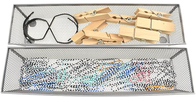HAHIYO Stackable Mesh Tray Cup 12 x 3 x 2 inches Sturdy Container for Desk Drawer Organizer Collection for Home Office School kitchen Soft Foam Feet No Sharp Edges 2 Pack Silver-NeatNest