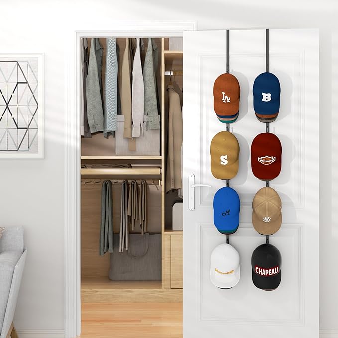 HapiRm Over Door Hat Rack - 2 Packs Hat Organizer with 8 Hooks Design, Hanging Baseball Cap Organizer Storage Holds Up to 40 Caps for Door, Bedroom, Closet (Black)-NeatNest