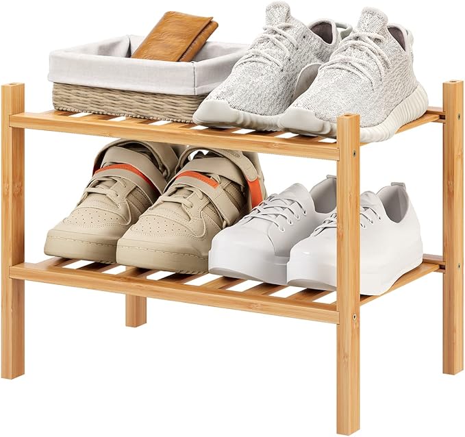 Small Shoe Rack, 2-Tier Bamboo Stackable Shoe Shelf Storage Organizer, Shoe Stand for Closet, Entryway and Hallway-NeatNest