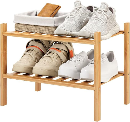 Small Shoe Rack, 2-Tier Bamboo Stackable Shoe Shelf Storage Organizer, Shoe Stand for Closet, Entryway and Hallway-NeatNest