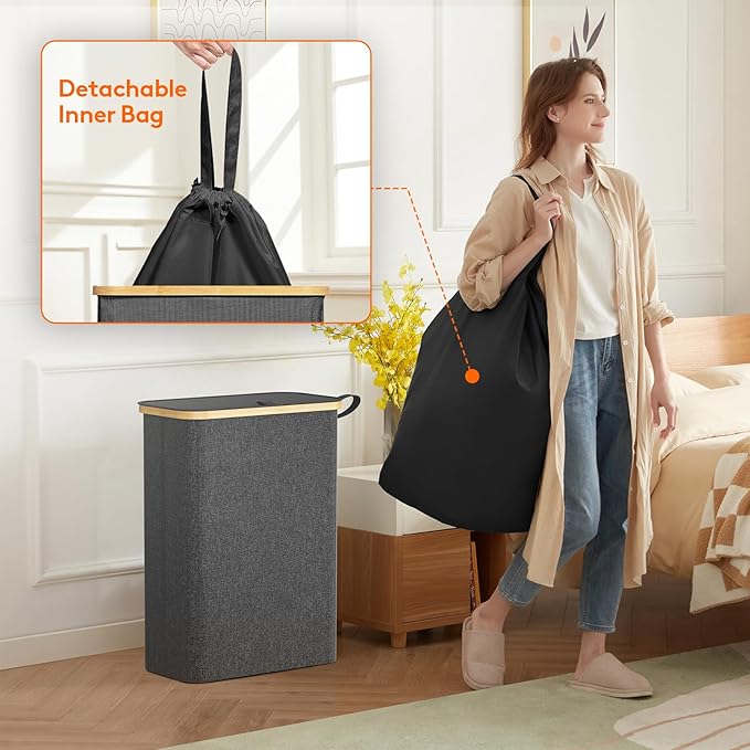 Lifewit 50L Slim Laundry Hamper with Lid, Narrow Laundry Basket with Removable Bag & Bamboo Handles, Fodable Thin Dirty Clothes Hamper for Laundry Collapsible Bin for Bathroom Bedroom Dorm, Dark Gray-NeatNest