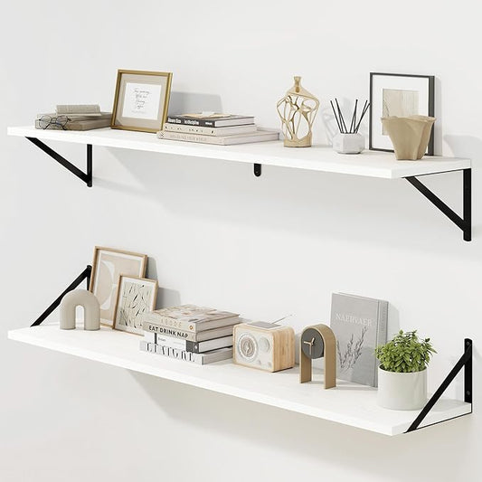 Fun Memories Deep Floating Shelves for Wall, 48W x 8D Wall Mounted Shelves Set of 2, Wide Display Ledge Shelf with Sturdy Metal Brackets for Living Room, Bathroom, Bedroom and Kitchen, White-NeatNest