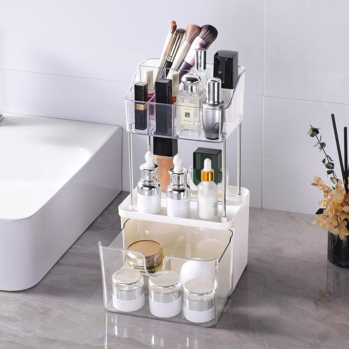 Makeup Organizer Countertop with Drawer, Bathroom Counter Organizers, Anti-Slip Dustproof Exquisite Dresser Vanity Storage for Skin Care Perfume Beauty Lipstick,Clear