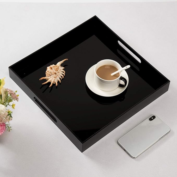 Glossy Black Acrylic Serving Tray - 14x14Inch, Multipurpose, Sturdy, Modern Style, Spill Proof, Countertop Organizer, Vanity Table Tray-NeatNest