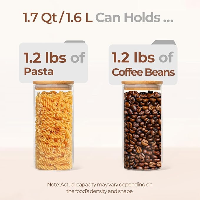 ComSaf 1.7 Qt Glass Storage Containers with Lids, Glass Jars with Lids, Clear Food Storage Jar, Round Canister Set of 3, Pantry Organizers for Pasta Flour Cookie Rice Tea Coffee Bean-NeatNest