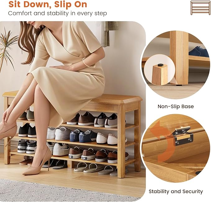 Shoe Rack Bench Seat Rubberwood 3-Tier Wooden Storage Bench 550lbs Compact Mid-Century Modern Design for Entryway, Hallway, Closet, Front Door Entrance, Foyer
