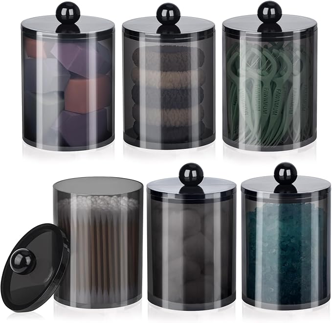 6 PACK Qtip Holder-10 oz, 12 oz, Qtip Holder Dispenser for Bathroom Canister Storage Organization, Vanity Makeup Organizer, for Cotton Swabs, Balls, Pads, Floss Picks(Black)