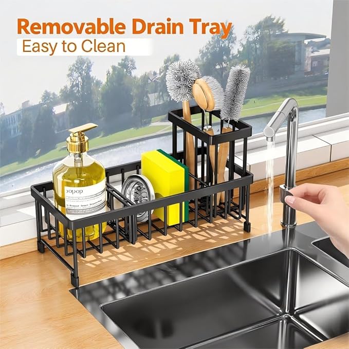 Black Sponge Holder for Kitchen Sink, Sink Caddy with Brush Holder Self-draining Sponge, Sturdy Rustproof Stainless Steel Kitchen Countertop Organizer for Soap Dispenser-NeatNest