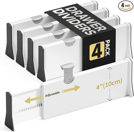 Drawer Dividers Organizer 4 Pack, Adjustable Separators 4" High Expandable from 11-17" for Bedroom, Bathroom, Closet, Clothing, Office, Kitchen (White, 4 PACK)-NeatNest