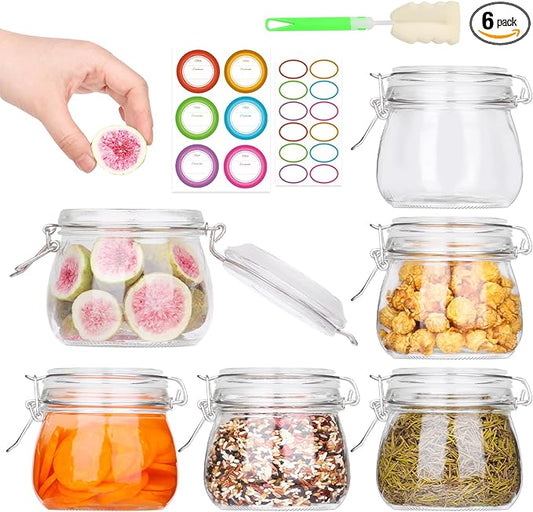 AuroTrends 16oz Glass Jars with Airtight Lids 6Pack - Large Kitchen Canisters for Food Storage, 480ml Leakproof Canning Jars with Wide Mouth, Ideal for Flour, Coffee, Snacks & Home Organization