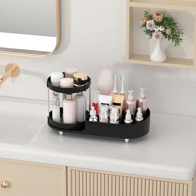 Makeup Organizer Countertop for Vanity with 360 Rotating Perfume Trays, 7-Compartment Skincare Organizers and Make Up Desk Storage, Cosmetic Organizer with Brush Holder for Bedroom Bathroom Counter-NeatNest