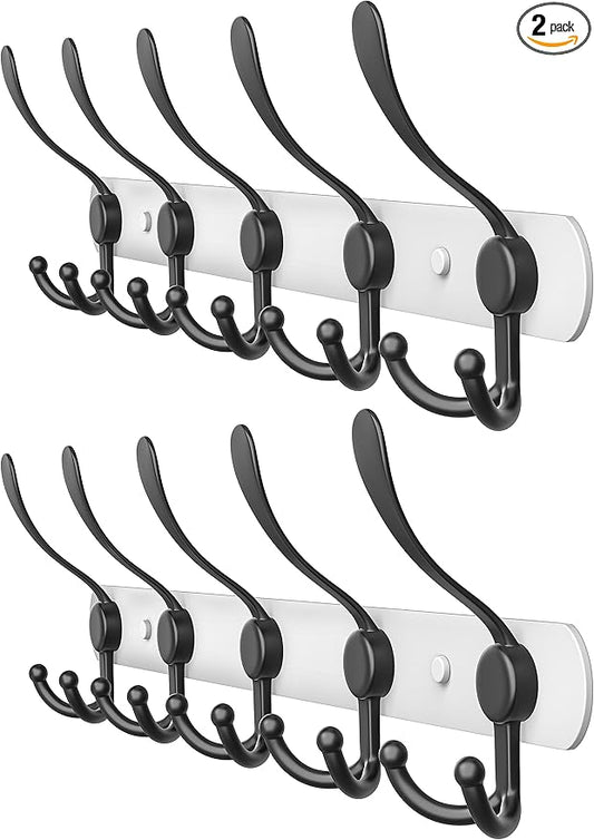 Coat Rack Wall Mount with 5 Tri Hooks, Stainless Steel 16 Inch – White & Black Matte Finish, Heavy Duty Wall Mounted Hook Rack for Coats, Hats, Towels, Scarfs, Robes, Bags, Entryway & Bathroom, 2 Pack-NeatNest