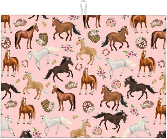 Horse Dish Drying Mat for Kitchen Counter Cute Kitchen Mat Microfiber Kitchen Countertop Absorbent Reversible Drainer Rack Pad Dish Drying Mat 18 x 24 Inch