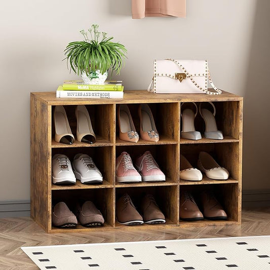 Garden 4 you Shoe Storage Bench, Cubby Shoe Rack with 9 Cubbies, 3-Tier Wood Shoe Rack Organizer, Shoe Organizer Cabinet for Entryway, Hallway, Closet and Garage, Brown-NeatNest