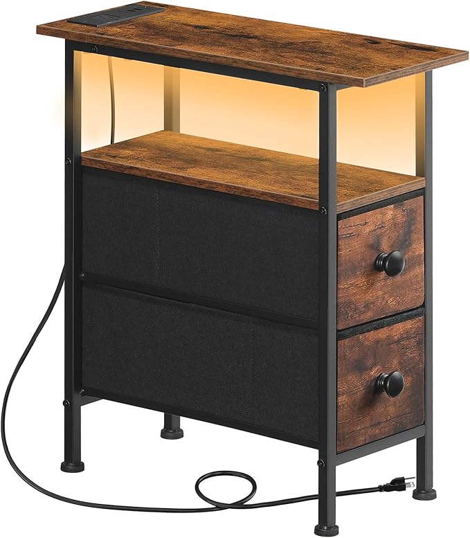 HOOBRO Narrow Side Table with LED Light and USB C Port, Night Stand with Charging Station, Skinny End Table with 2 Fabric Drawers, for Bedroom, Living Room, Rustic Brown and Black BF487UDBZ01