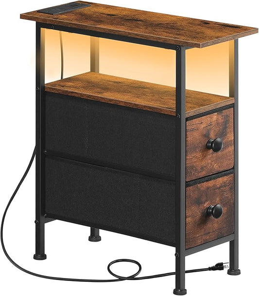 HOOBRO Narrow Side Table with LED Light and USB C Port, Night Stand with Charging Station, Skinny End Table with 2 Fabric Drawers, for Bedroom, Living Room, Rustic Brown and Black BF487UDBZ01