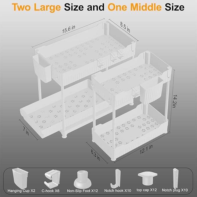 3 Pack Under Sink Organizers, 2-Tier Multi-Use Kitchen and Bathroom Organizers and Storage with Sliding Drawers，Bathroom Cabinet Organizer (White, 12.8 Inch)-NeatNest