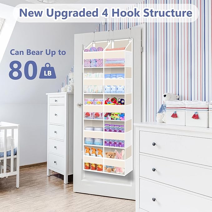 Heavy Duty Over The Door Organizer 5 Tier, Extra Large Behind Door Storage of 10 Compartments, 80 lb Weight Capacity, Hanging Hidden Doors Storage Organizer for Bathroom Closet Nursery Bedroom, Beige