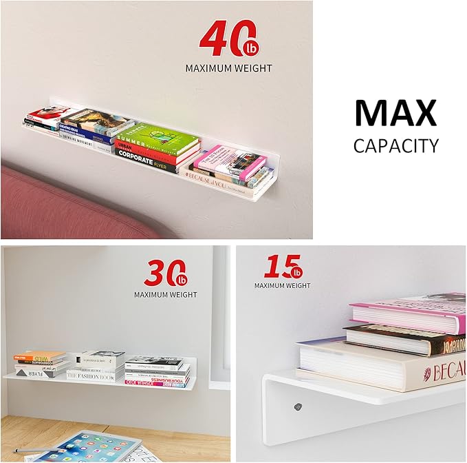 12 24 36 Inch White Wall Shelves, Long Shelf for Wall, Wide Acrylic White Floating Shelf for Living Room, Bedroom, Bathroom, Office-NeatNest