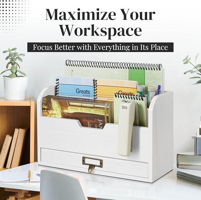 Flexzion 3 Tier Wooden Desk Organizer - Country Rustic Mail Organizer Countertop Compartments Slot File Tray Pencil Sorter Shelf Holder Accessories Set with Storage Drawer for Home Office, Beige Wood-NeatNest