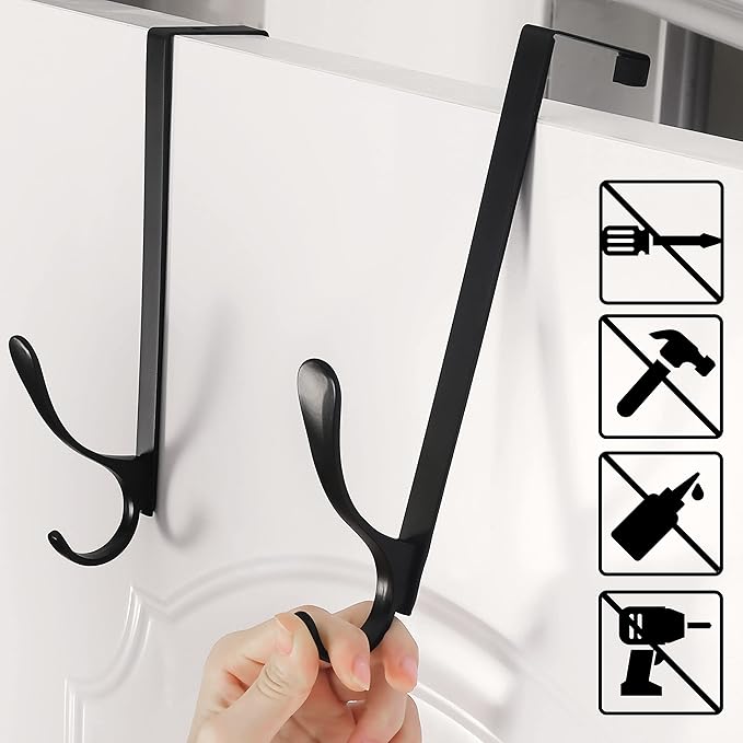 SKOLOO Over The Door Hooks - for Doors up to 4.5cm Thick, Pack of 5, Stainless Steel Door Hanger Hooks, Over The Door Hanger for Coats Clothes Hat Towel Jacket, Black