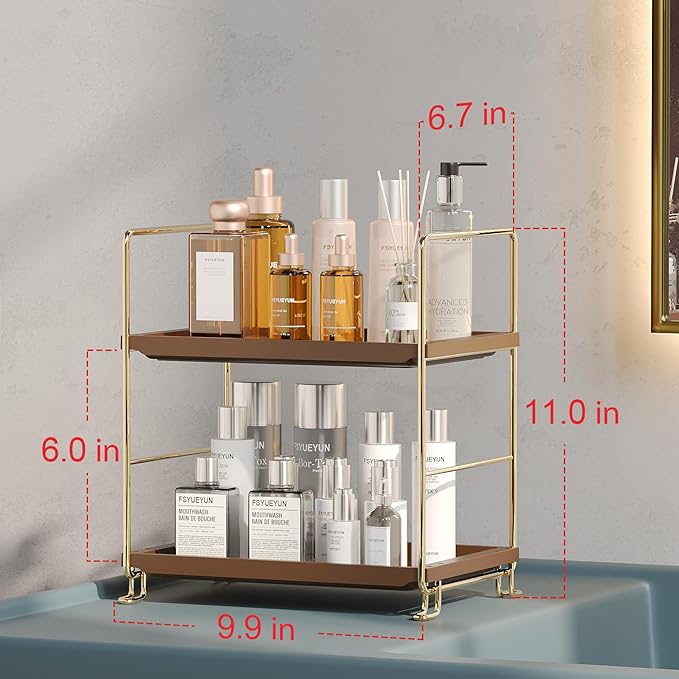 FSyueyun 2-Tier Bathroom Countertop Organizer,Bathroom Organizers and Storage with Tool-Less Installation, Premium Plastics for Makeup, Perfume, Skincare on Dresser Vanity Tray (Gold & Brown)-NeatNest