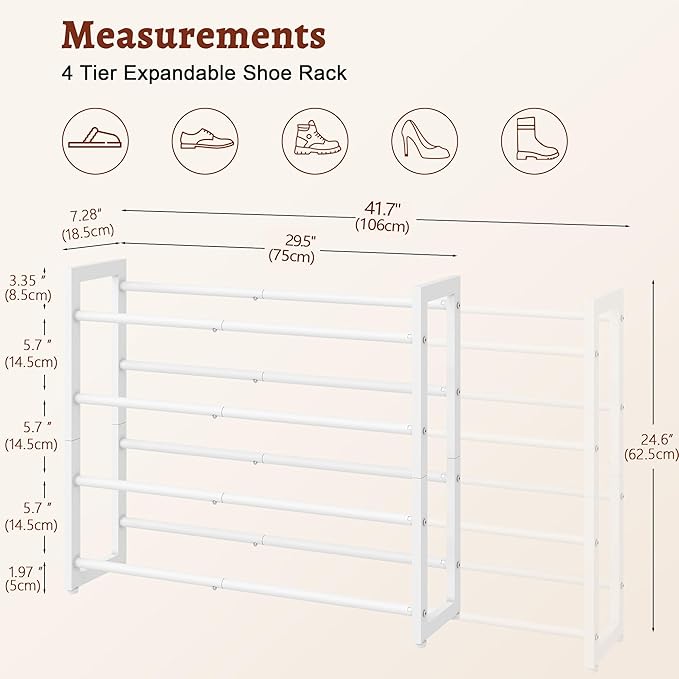 FAVOOSTY 4-Tier Expandable Shoe Rack, Adjustable Shoe Shelf Storage Organizer Space Saving Metal Free Standing Shoe Rack for Entryway Closet Doorway, White-NeatNest