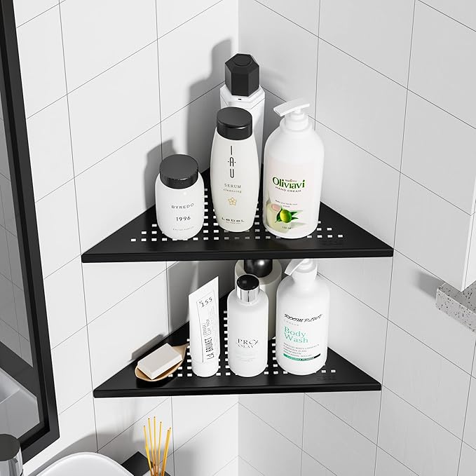 Corner Shower Shelves, 10” Recessed Tile Shower Shelf Matte Black, 304 Stainless Steel Grout in Corner Tile Bathroom Shelves, No Drilling, 2 Pack-NeatNest
