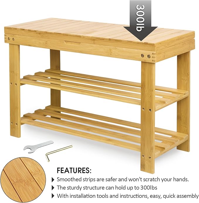 BAMBUROBA Shoe Rack Storage Bench Bamboo Organizer Entryway Organizing Shelf with Storage Drawer on Top, Natural