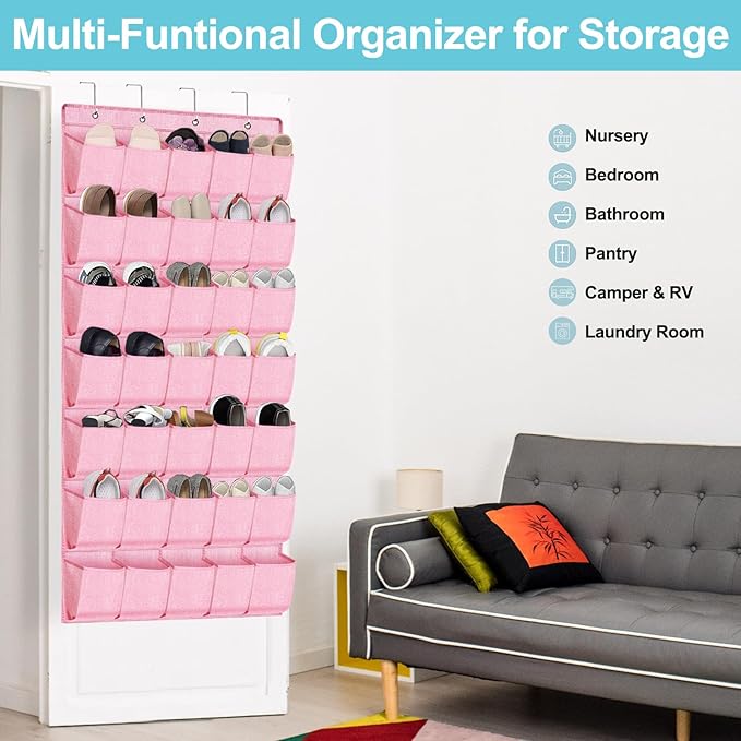 35 Pockets Over the Door Shoe Organizer, Hanging Door Shoe Rack for Closet, Large Shoe Storage Holder Zapateras Organizer for Shoes (Pink)-NeatNest