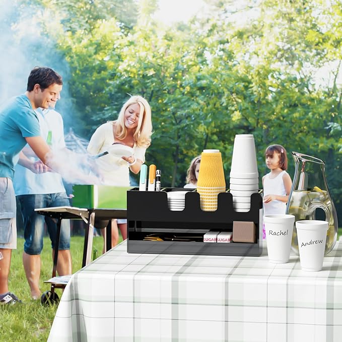 Coffee Condiment and Cup Organizer - 2-Tier Upright Cup and Lid Holder with Straw Organizer 5 Compartments Black Acrylic Cup Dispenser for Restaurant Breakroom Coffee Station Countertop-NeatNest