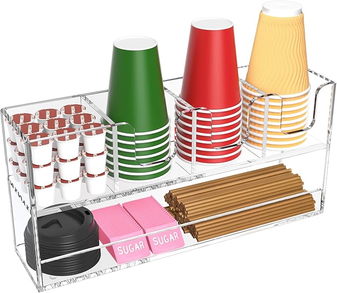 Coffee Condiment and Cup Organizer - 2-Tier Upright Cup and Lid Holder with Straw Organizer 5 Compartments Clear Acrylic Cup Dispenser for Restaurant Breakroom Coffee Station Countertop-NeatNest