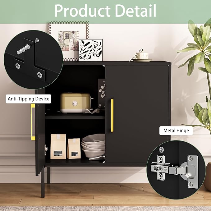 JOZZBY Storage Buffet Cabinet, Freestanding Sideboard with Double Doors, Modern Wooden Sideboard, Black Side Cabinets for Bedroom, Living Room, Kitchen, Office and Hallway, WLFH0007BK