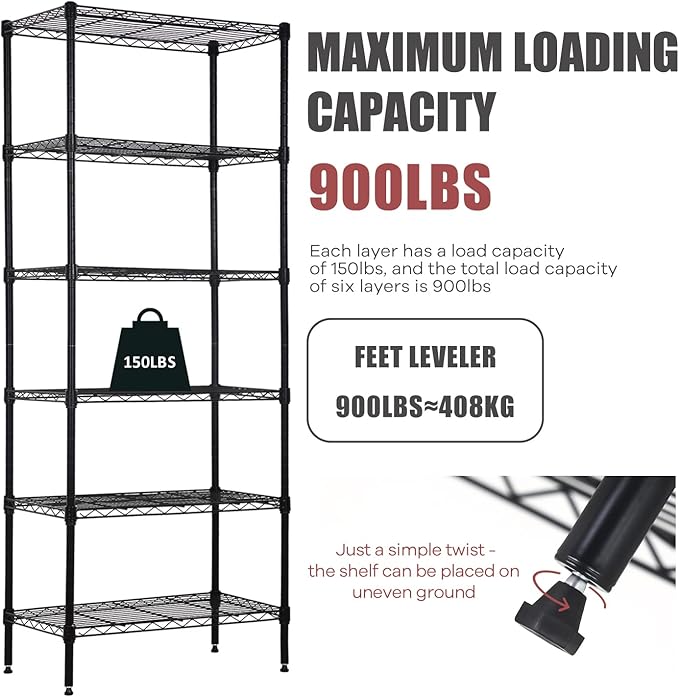 6-Tier Wire Shelving Unit Storage Shelves Metal Shelves 60"x23"x13" Heavy Duty Metal Storage Rack Wire Rack NSF Height Adjustable for Home Kitchen Bathroom Garage Shelving(Black)