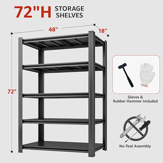 5 Tier Metal Shelving Unit, 72" H x 48" W Adjustable Storage Shelves, Heavy Duty Garage Shelves for Warehouse, Basement, Kitchen, Pantry, Living Room, 2500LBS, Black, 18" D-NeatNest