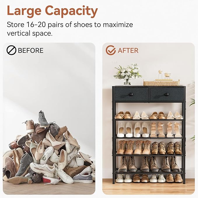 Shoe Rack for Entryway, 5 Tier Shoe Organizer with 2 Non-Woven Drawers, Metal Storage Shoe Shelf for 16-20 Pairs of Shoes, with Wooden Top and Steel Frame, Shoe Stand for Closet Black Grey-NeatNest