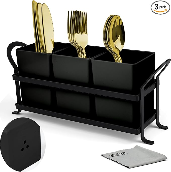 Cutlery Holder with Drain Holes, Silverware Caddy for Party Countertop, 3pcs Bins Set Utensil Holders for Spoon and Fork, Black-NeatNest