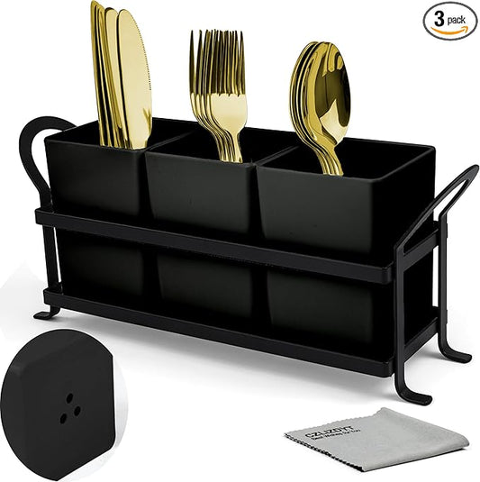 Cutlery Holder with Drain Holes, Silverware Caddy for Party Countertop, 3pcs Bins Set Utensil Holders for Spoon and Fork, Black-NeatNest