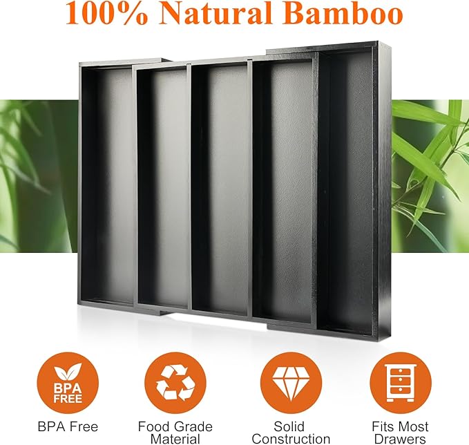 Expandable Large Kitchen Utensil Drawer Organizer Storage Black Bamboo Silverware Organizers Tray Divider Adjustable Spoon Flatware Organizer Wood Cutlery Tray Cooking Utensils Tool Holder Drawer-NeatNest