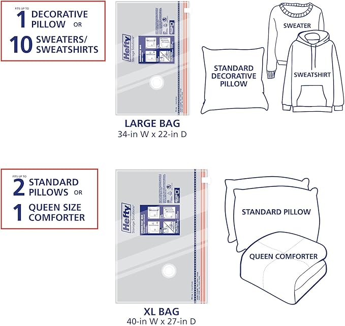 Hefty Shrink-Pak Vacuum Storage Bags - Space Saver for Under Bed Storage, Clothing and Comforters, Odor Resistant, 3X More Storage Space - 3 Large, 3 XL Bags-NeatNest