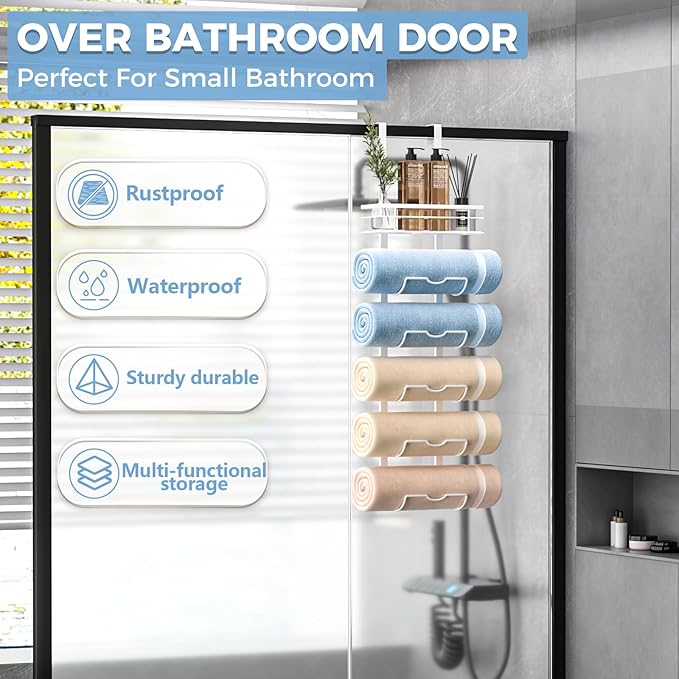 6-Tier Over The Door Towel Rack,Towel Racks for Bathroom, Metal Towel Holder with Storage Basket,Towel Rack for Rolled Towels,Bathroom Shelves,White