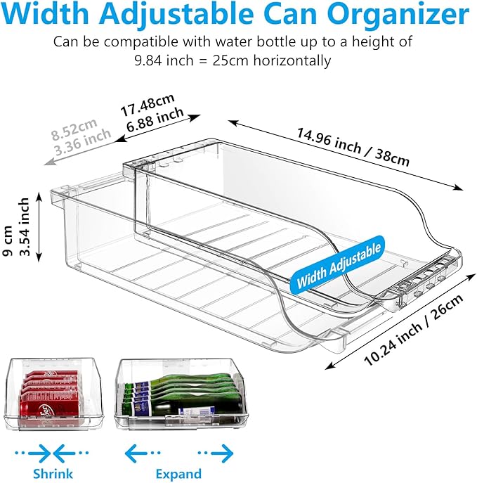 2 Packs Clear Width Adjustable Soda Can Organizer for Refrigerator Expandable Soda Can Dispenser for Beer Soda Seltzer Pop Can Soda Expand Organizer for Fridge Kitchen Pantry