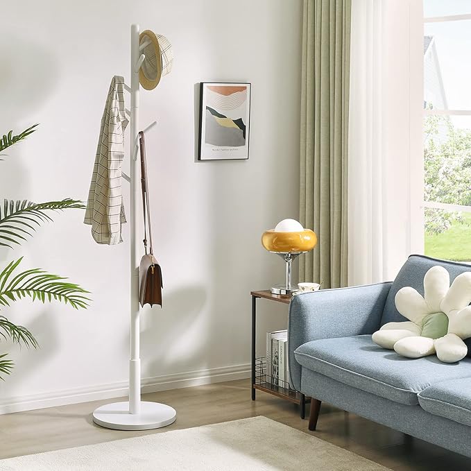 IBUYKE Coat Rack Stand, Freestanding Coat Tree with Solid Round Base and 8 Hooks, Easy Assembly Wooden Coat Hanger, Clothes Rack for Hallway Entryway, Living Room, Bedroom, Office, White WD-114-NeatNest