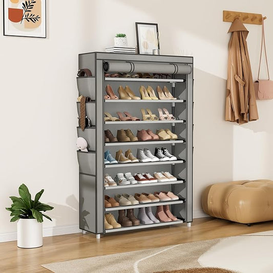 Shoe Rack with Cover, 8 Tier Tall Shoe Organizer Storage for 36-45 Pair Shoes and Boots Large Shoe Storage Shelf Free Standing Shoe Rack for Closet, Front Door Entrance, Dorm, Garage, Grey-NeatNest
