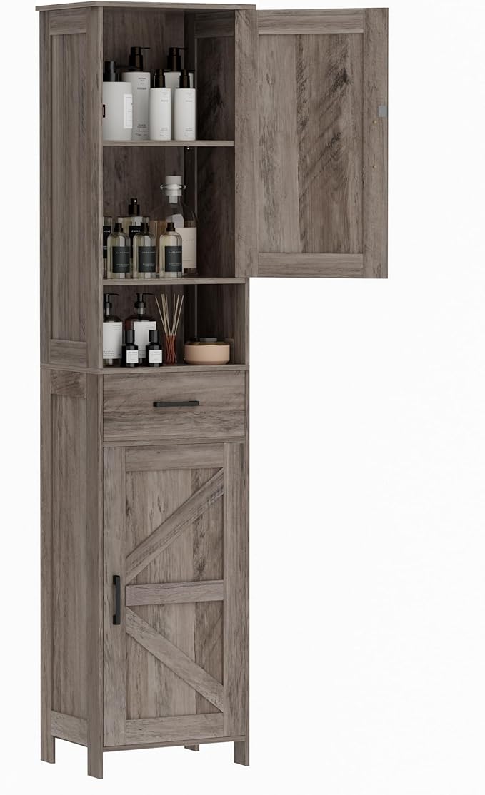 Homhedy 67" H Tall Bathroom Storage Cabinet with 2 Barn Doors and 1 Drawer, Narrow Storage Unit, Adjustable Shelves，Floor Cabinet for Bathroom, Living Room, Entryway, Kitchen, Greige, (15.7" W)