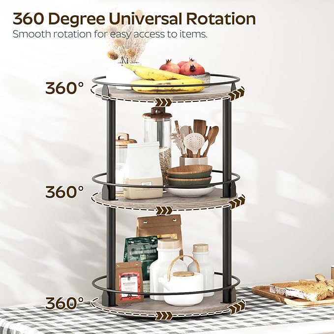 3-Tier Lazy Susan Organizer, Rotating Spice Rack, Spinning Organizer, Industrial Turntable Spice Rack Organizer for Cabinet, Kitchen Countertop, Greige and Black SR23BG-NeatNest
