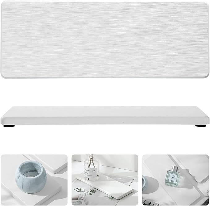 2PCS Bathroom Sink Trays, Water Absorbing Diatomite Stone Quick Drying Mat for Kitchen Counter, Dish Rack Soap Dispenser Sponge Holder Caddy Vanity Organizer, White, 9"x3.5"-NeatNest