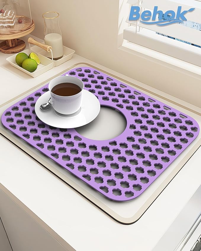 2 Pack BEHOK Silicone Sink Protectors for Kitchen Sink, Bathroom Sink, 13.58"x 11.6" Heat-resistant Mat, Non-Slip and Durable Sink Protector Silicone, Center Drain, Purple